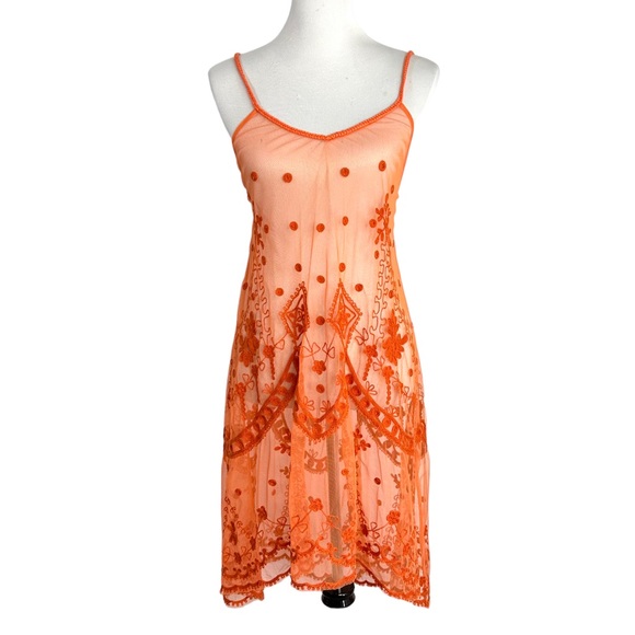Free People Dresses & Skirts - Free People Womens Embroidered Sheer Slip Overlay Dress Small? Orange Sleeveless